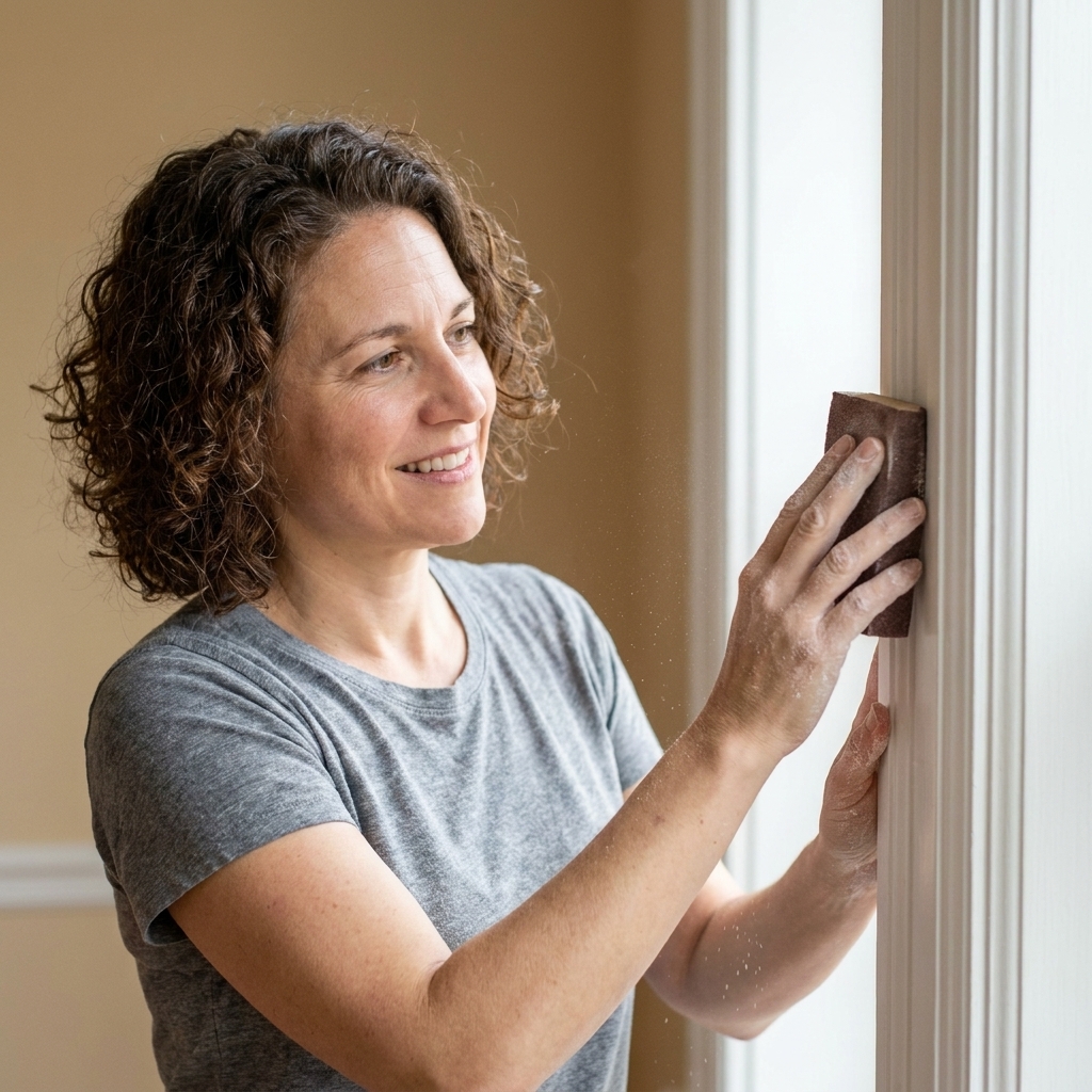 Hands sanding interior door trim with a sanding sponge, preparing the surface for a glossy enamel finish