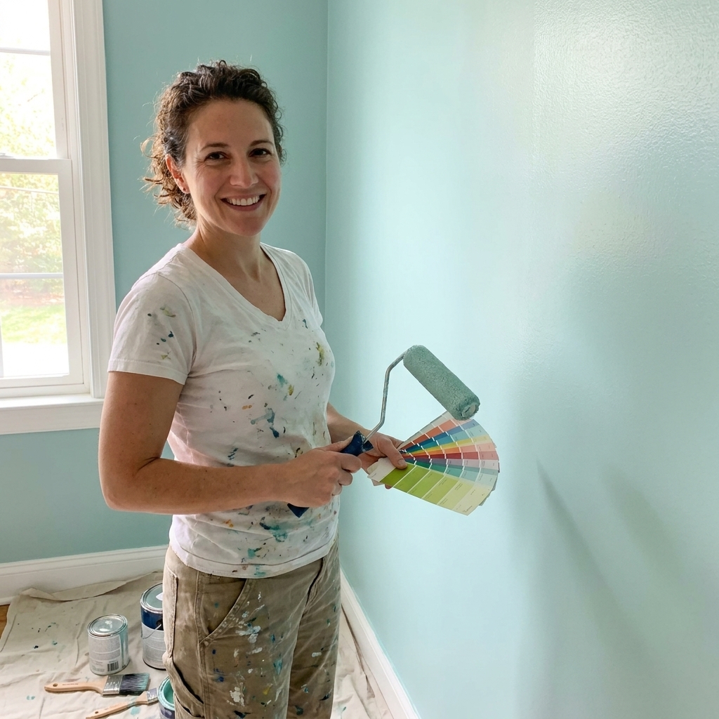 Hannah Rossi standing beside a freshly painted interior wall, holding a paint roller and a fan deck of paint swatches in a bright room with natural window light
