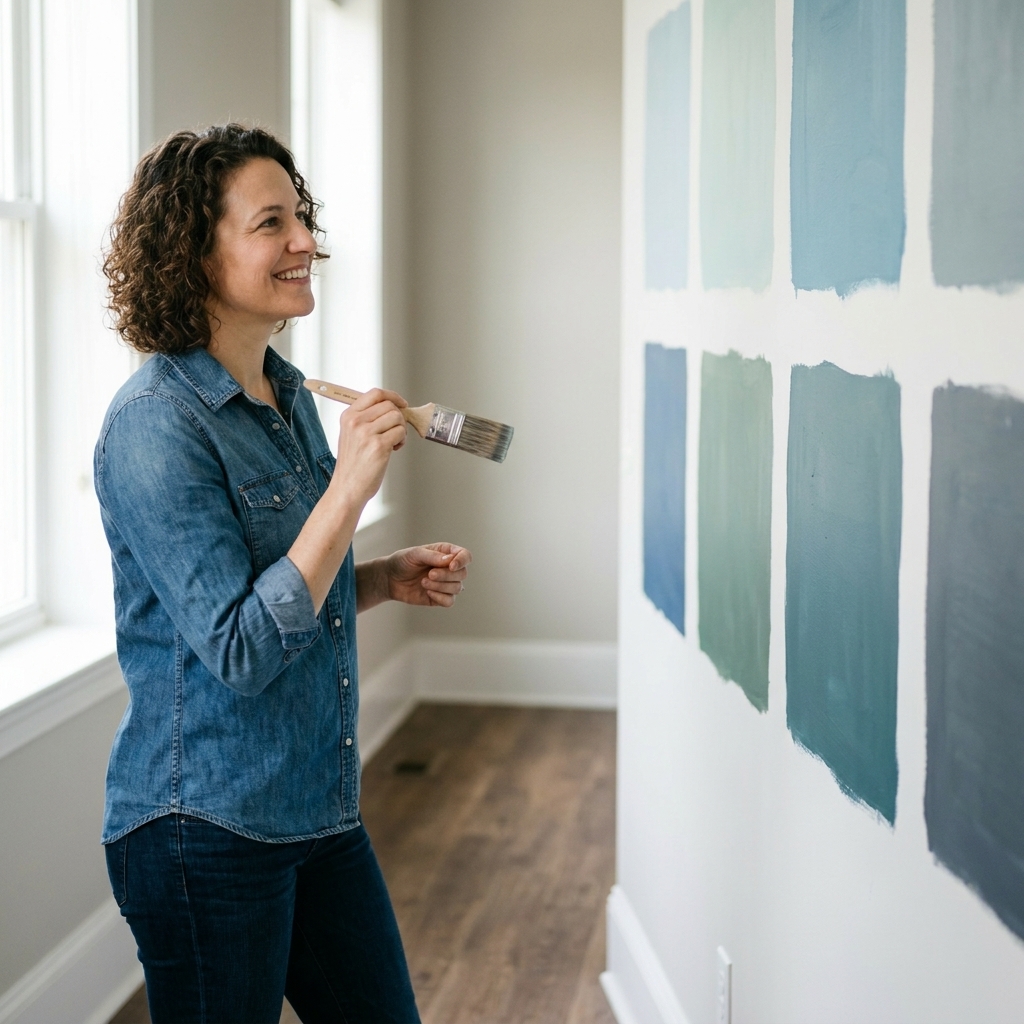 Large painted sample squares on a wall above a white baseboard next to a medium-toned wood floor, photographed in natural daylight