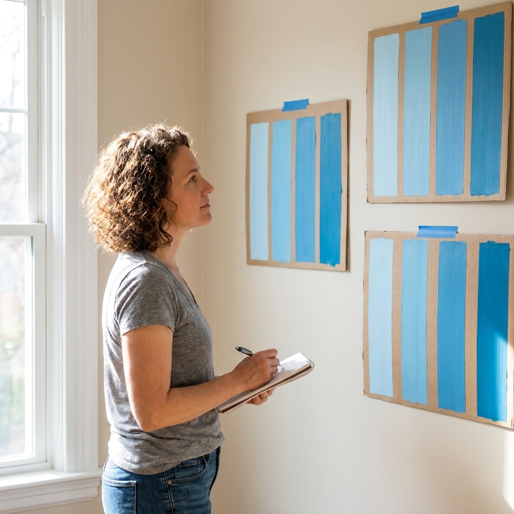 Paint sample boards taped to a wall at different heights, showing several shades of the same color being tested in natural light