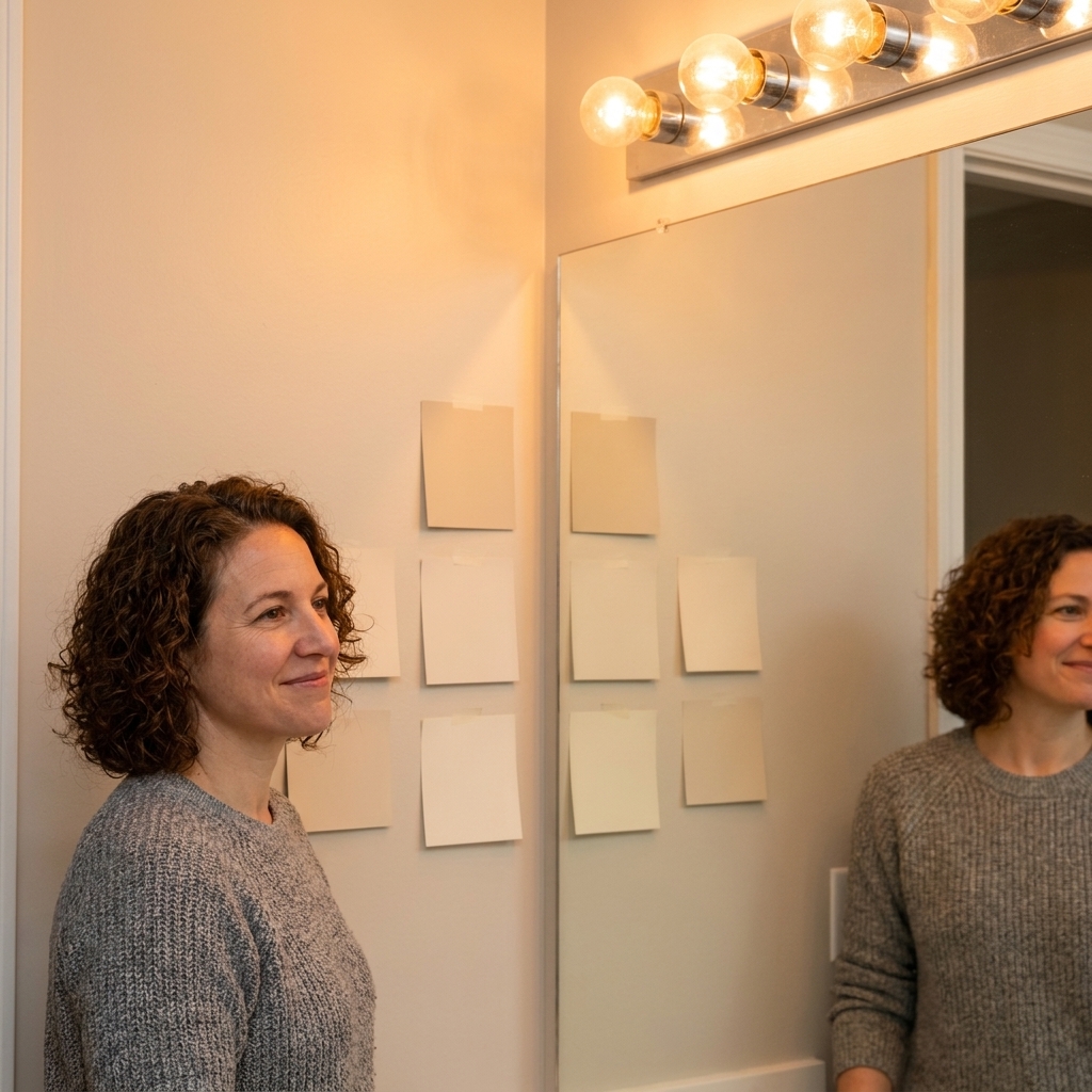 Paint sample swatches taped to a bathroom wall beside a mirror, illuminated by warm vanity lights to show undertone differences