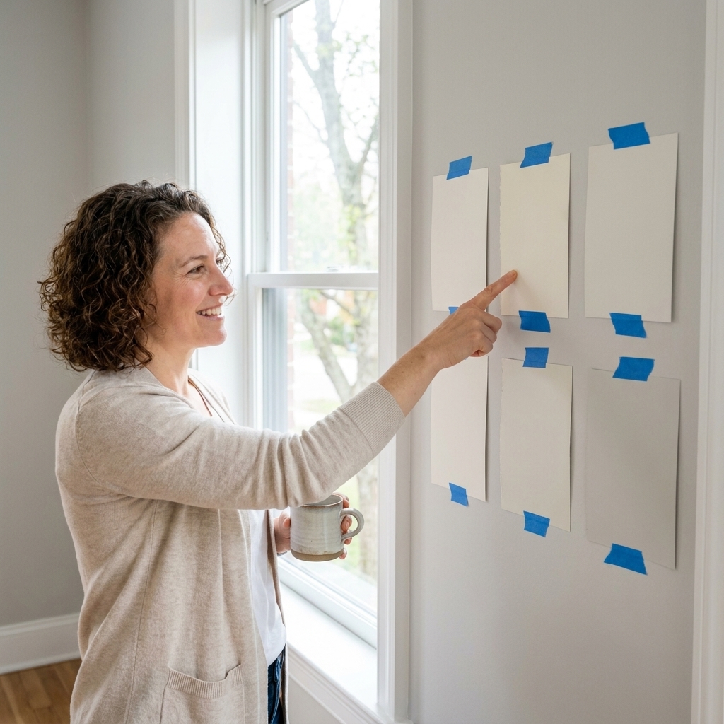 Several paint swatches taped to a wall near a window, showing subtle undertone differences in daylight