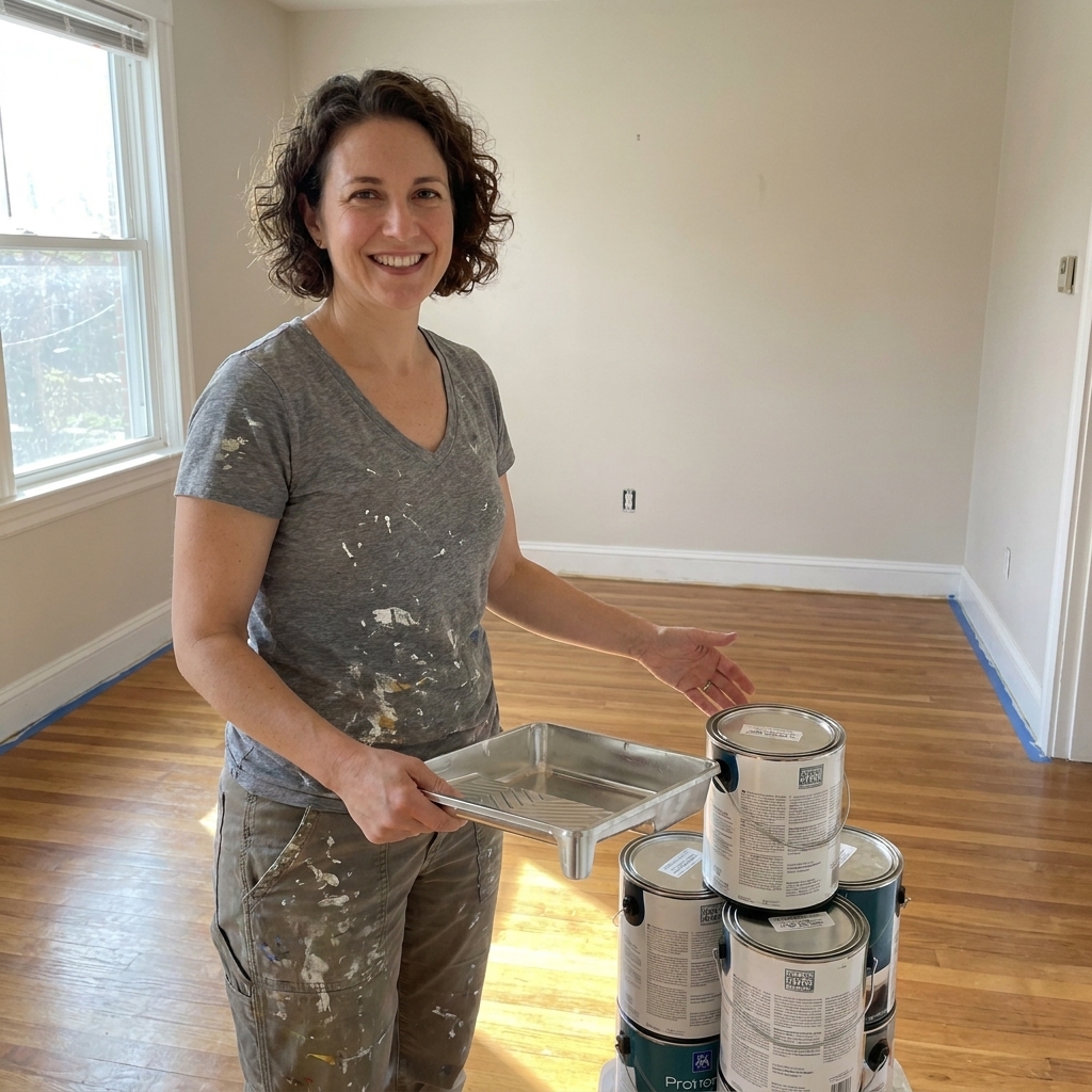 Several unopened one-gallon paint cans and a roller tray on a hardwood floor in an empty living room before painting begins