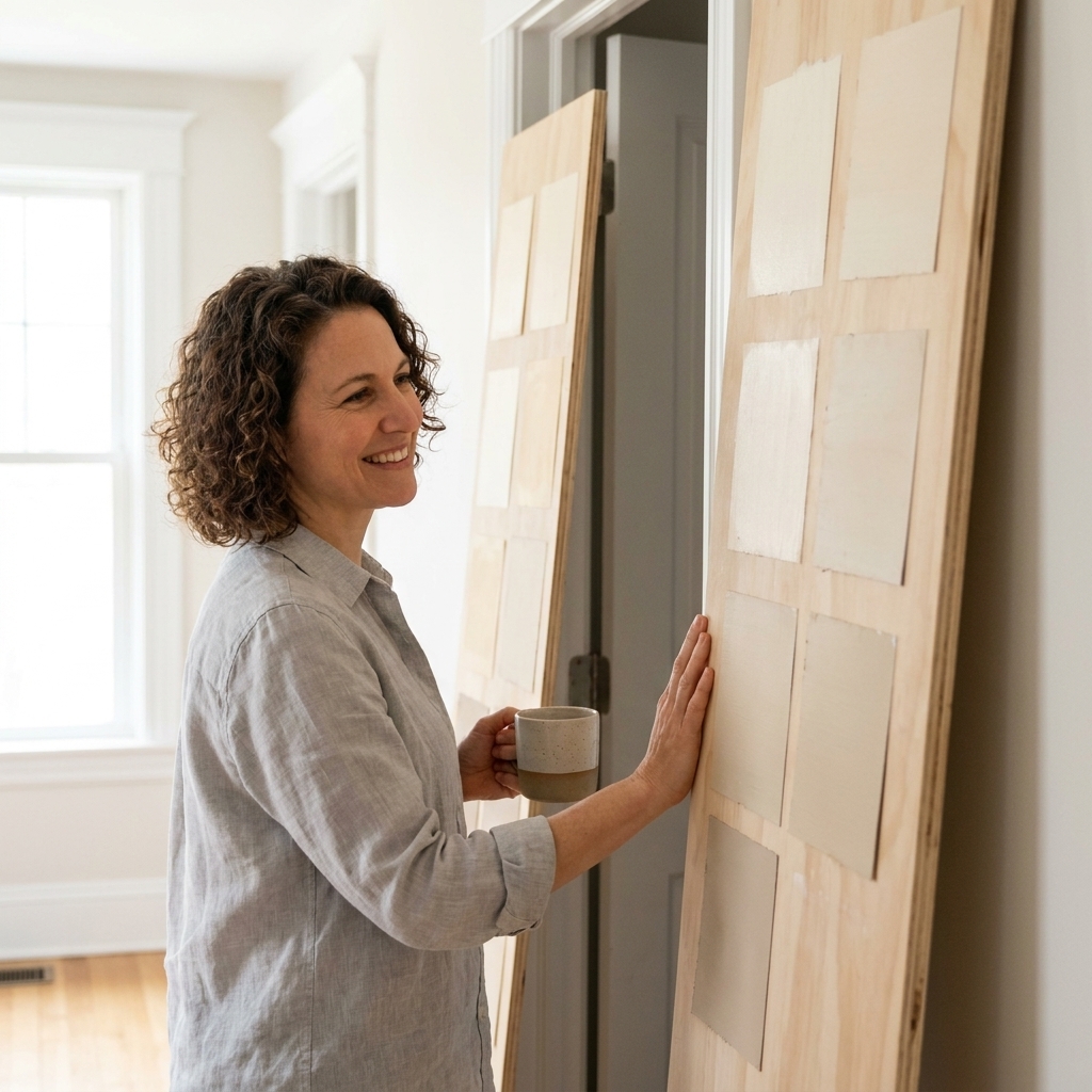 Two large painted sample boards leaned against a doorway wall, showing different neutral paint colors being compared in natural light