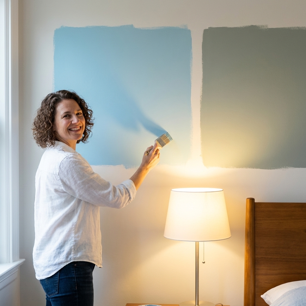 Two large painted sample squares on a bedroom wall next to a headboard and a bedside lamp, showing how lighting changes the color
